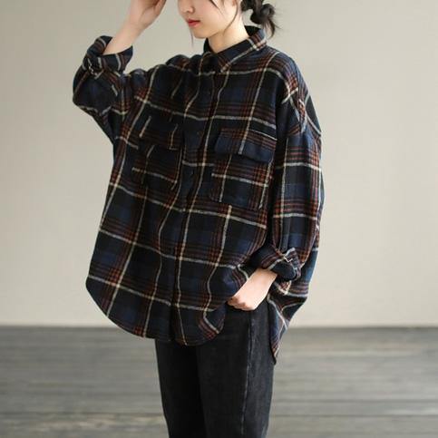 Chic Navy Plaid Tunic Pattern Lapel Patchwork Knee Spring Top - SooLinen