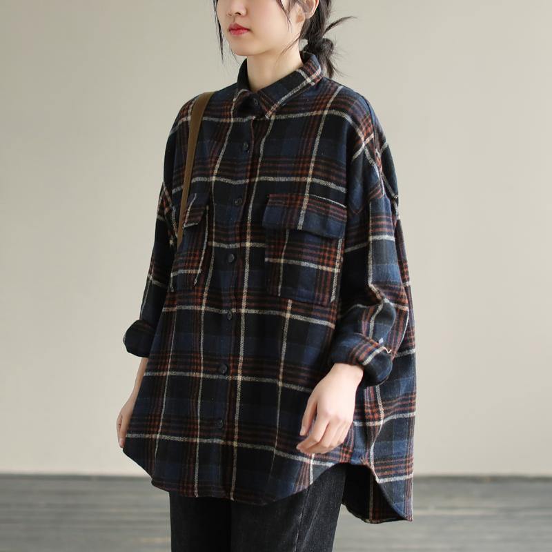 Chic Navy Plaid Tunic Pattern Lapel Patchwork Knee Spring Top - SooLinen