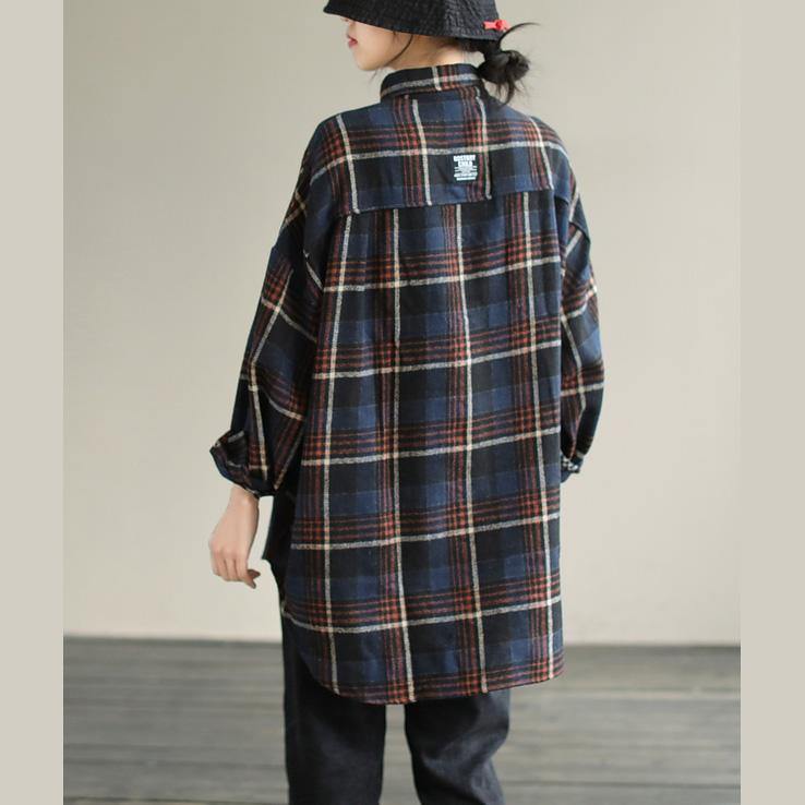 Chic Navy Plaid Tunic Pattern Lapel Patchwork Knee Spring Top - SooLinen