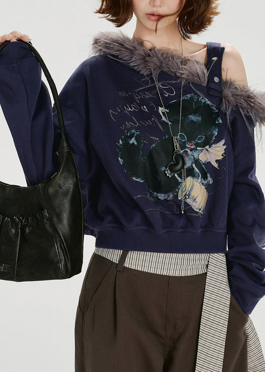 Chic Navy Print Fur Collar Patchwork Cotton Tops Spring