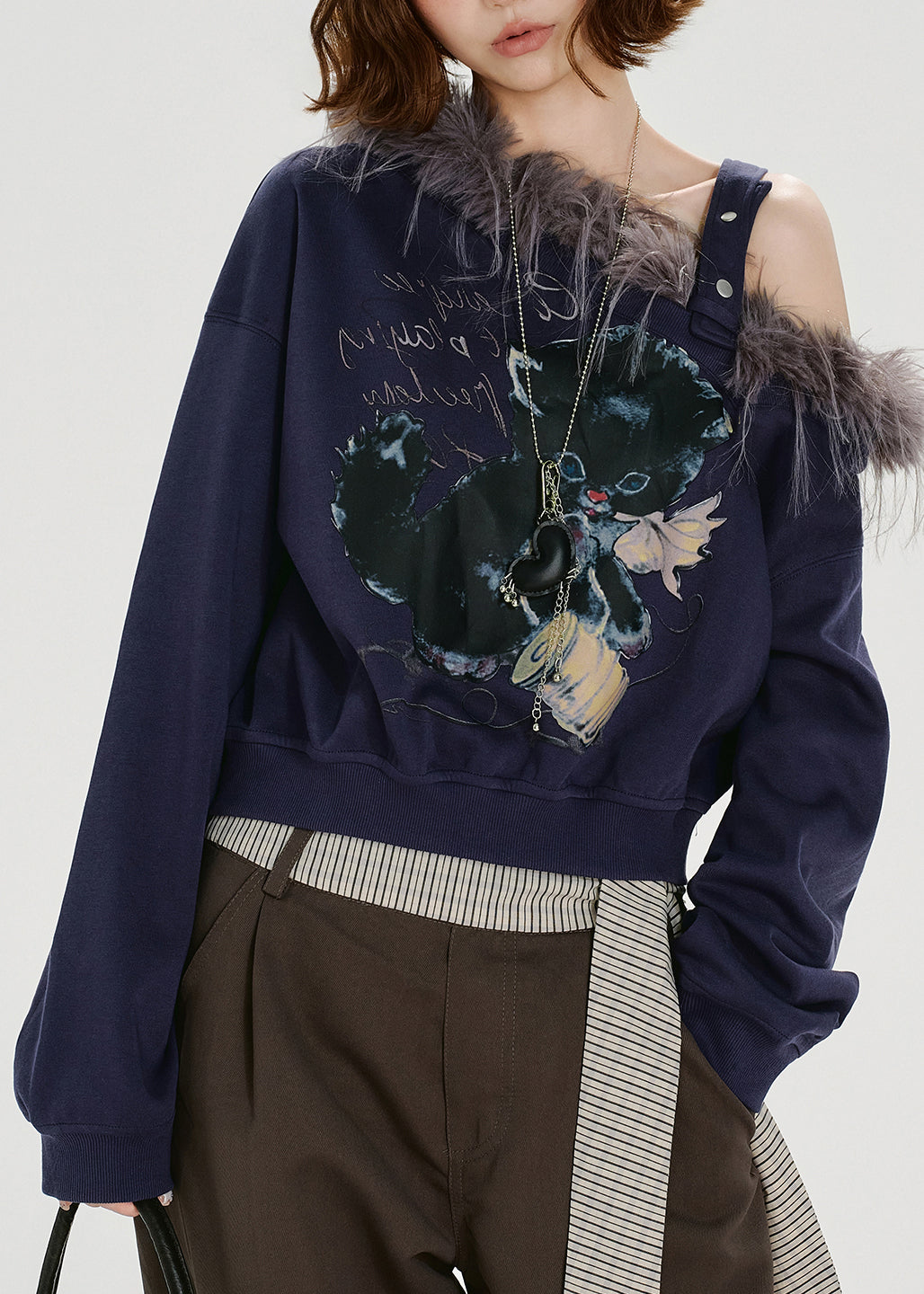 Chic Navy Print Fur Collar Patchwork Cotton Tops Spring