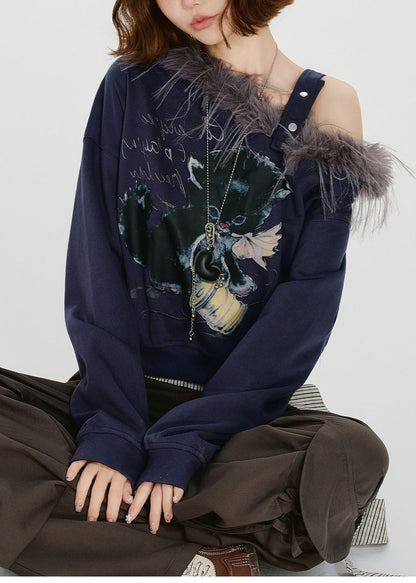 Chic Navy Print Fur Collar Patchwork Cotton Tops Spring