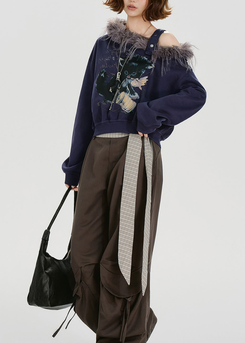 Chic Navy Print Fur Collar Patchwork Cotton Tops Spring