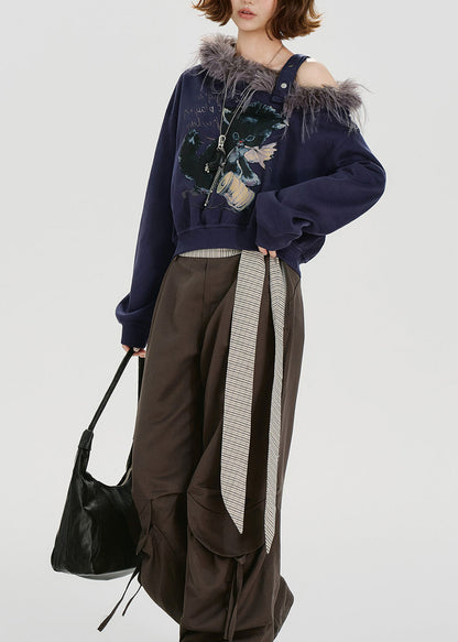 Chic Navy Print Fur Collar Patchwork Cotton Tops Spring