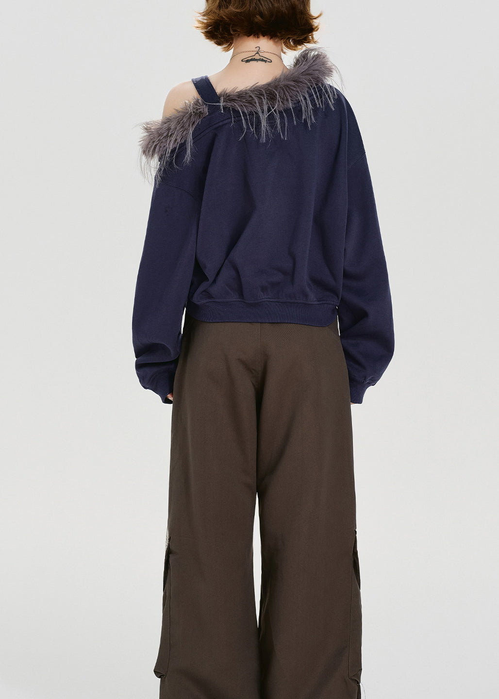 Chic Navy Print Fur Collar Patchwork Cotton Tops Spring