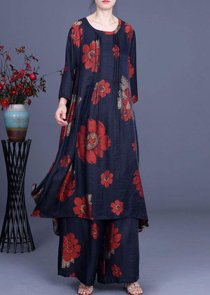 Chic Navy Print long smock Wide Leg Chiffon Women Two Pieces Sets - SooLinen