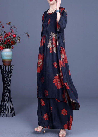 Chic Navy Print long smock Wide Leg Chiffon Women Two Pieces Sets - SooLinen