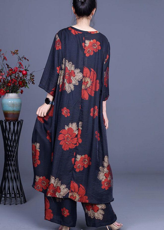 Chic Navy Print long smock Wide Leg Chiffon Women Two Pieces Sets - SooLinen