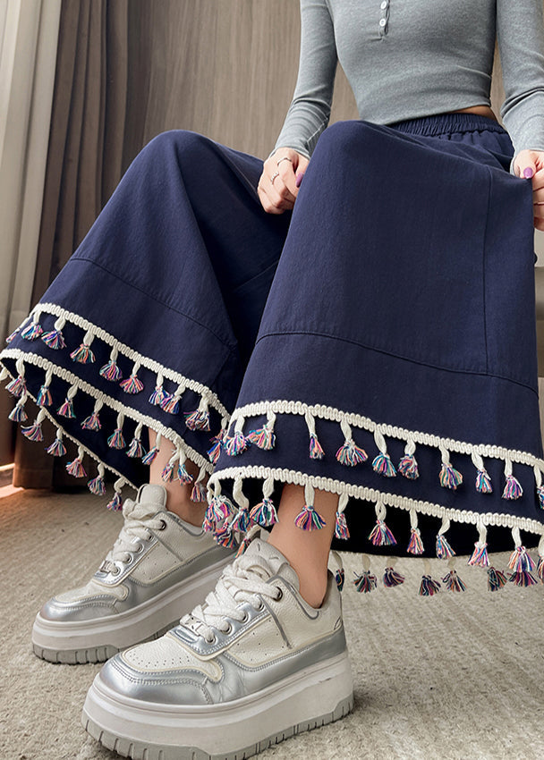 Elegante marineblaue Baumwollhose mit Quasten und weitem Bein – Frühlingshose