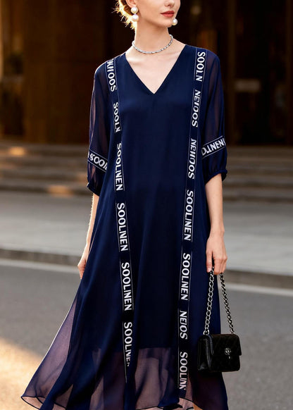 Chic Navy V Neck Print Chiffon Dress Summer