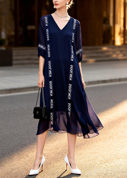 Chic Navy V Neck Print Chiffon Dress Summer