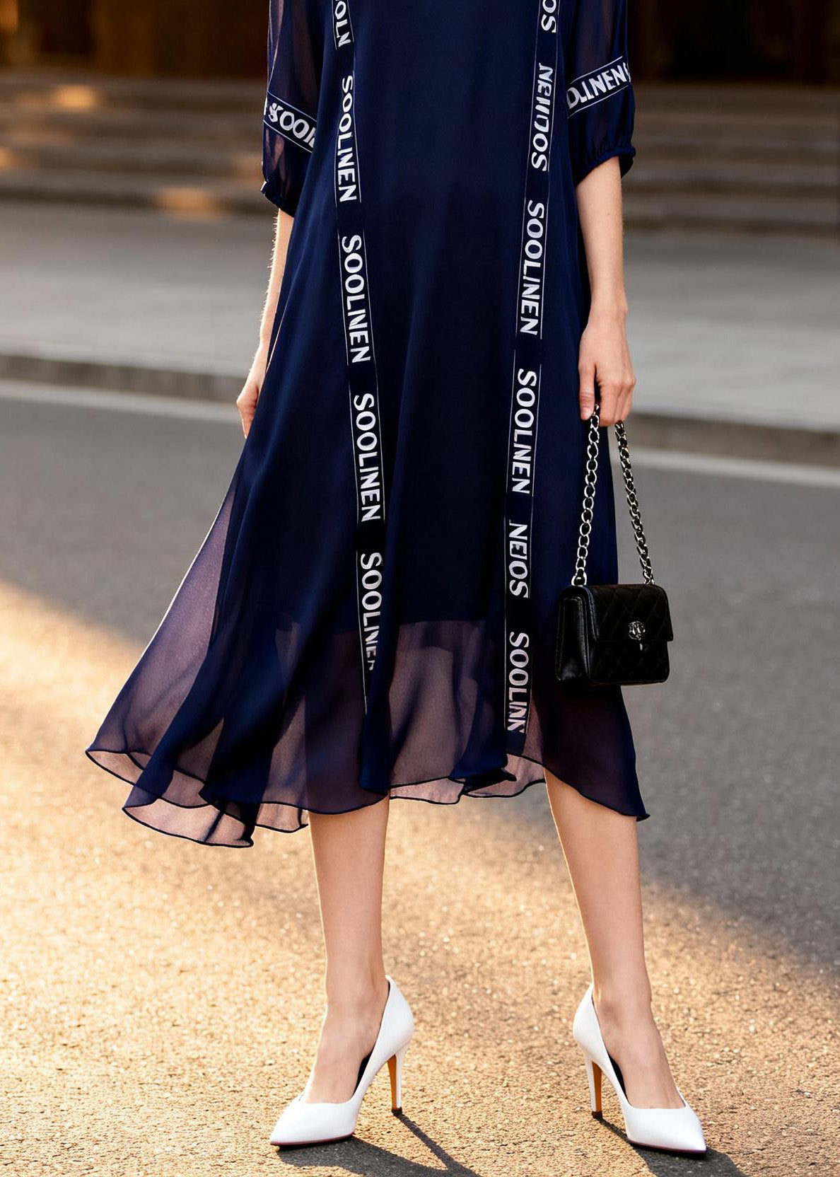 Chic Navy V Neck Print Chiffon Dress Summer