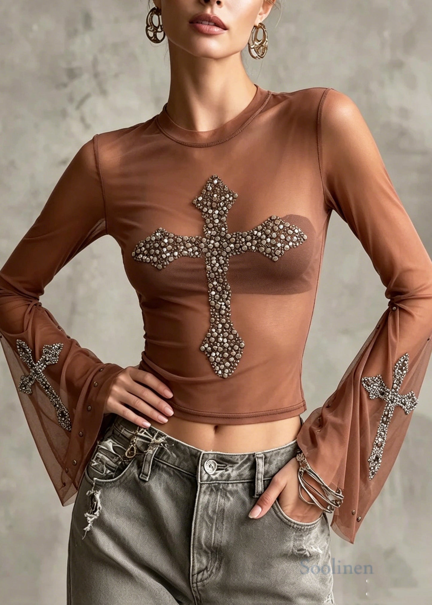Chic Nude Sequins Tulle UPF 50+ Sheer Tops Summer