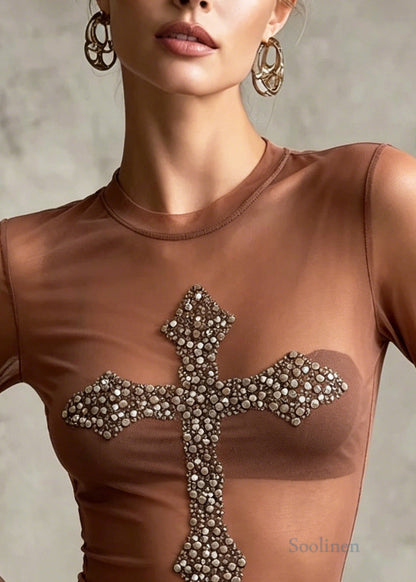 Chic Nude Sequins Tulle UPF 50+ Sheer Tops Summer