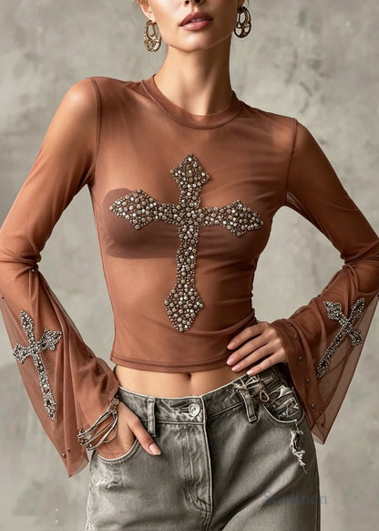 Chic Nude Sequins Tulle UPF 50+ Sheer Tops Summer