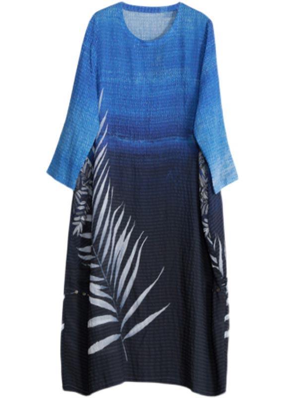 Chic O Neck Asymmetric Spring Tunics Blue Black Print Plus Size Dresses - SooLinen