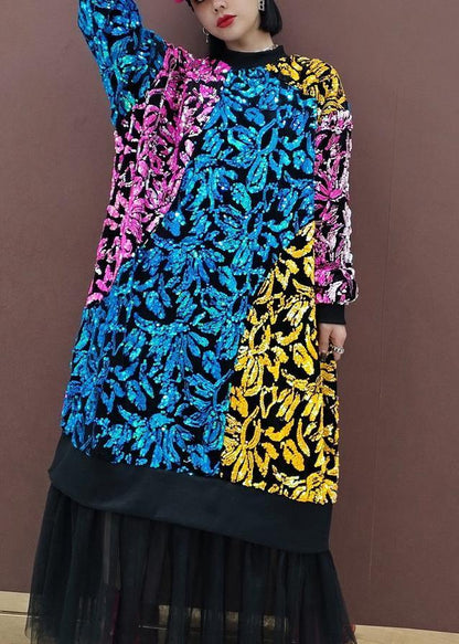 Chic O Neck Patchwork Tulle Spring Quilting Dresses Sequined Vestidos De Lino Dresses - SooLinen