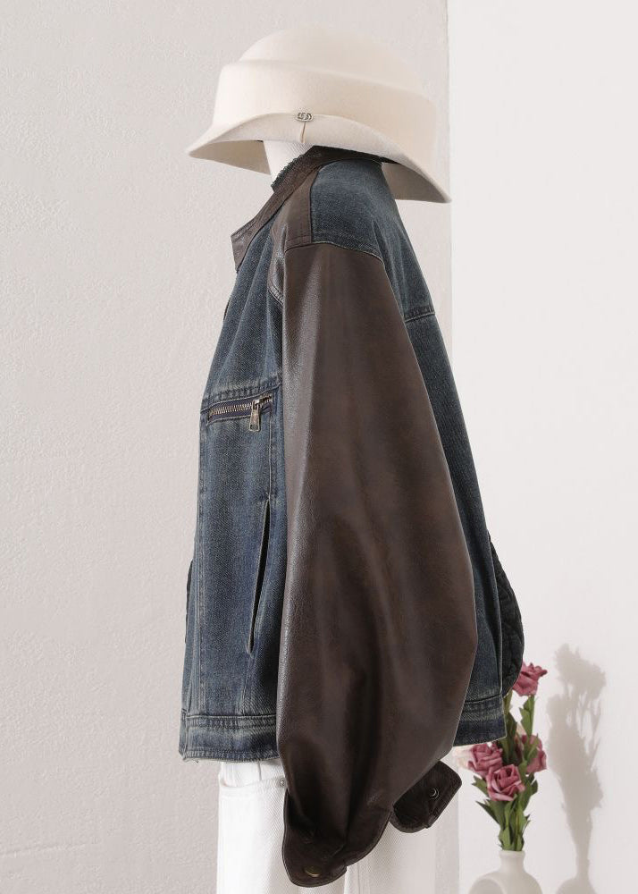 Abrigo vaquero chic de patchwork de piel sintética con bolsillos y cuello redondo para primavera