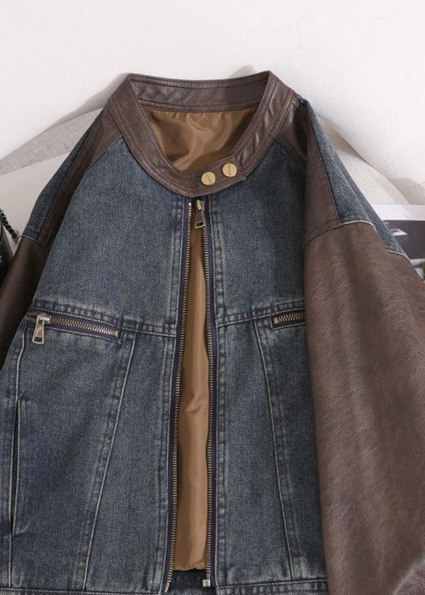 Abrigo vaquero chic de patchwork de piel sintética con bolsillos y cuello redondo para primavera