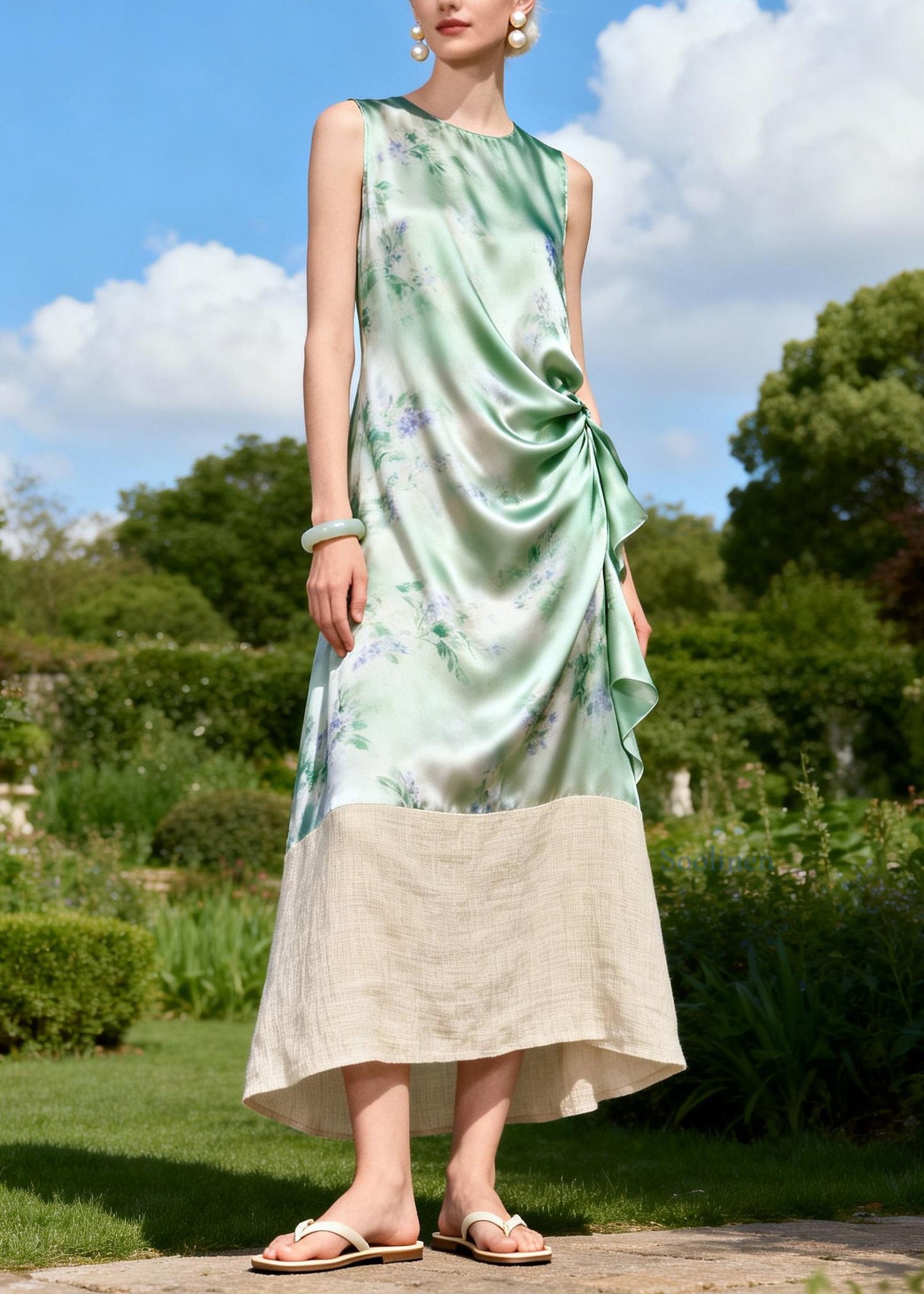 Chic O Neck Print Patchwork Linen Silk Long Dresses Sleeveless