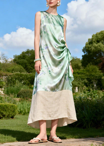 Chic O Neck Print Patchwork Linen Silk Long Dresses Sleeveless