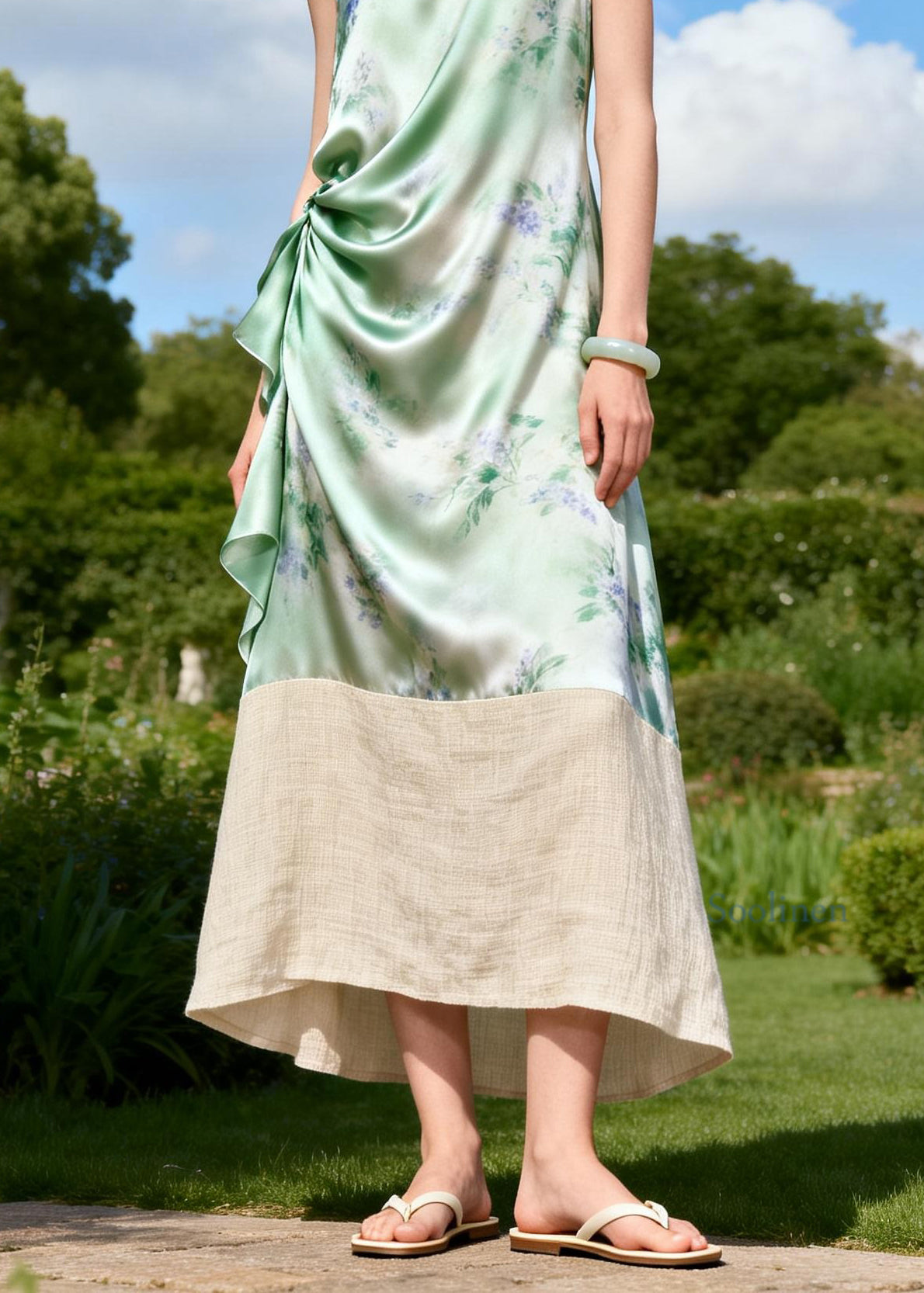 Chic O Neck Print Patchwork Linen Silk Long Dresses Sleeveless