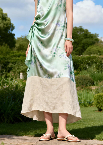 Chic O Neck Print Patchwork Linen Silk Long Dresses Sleeveless