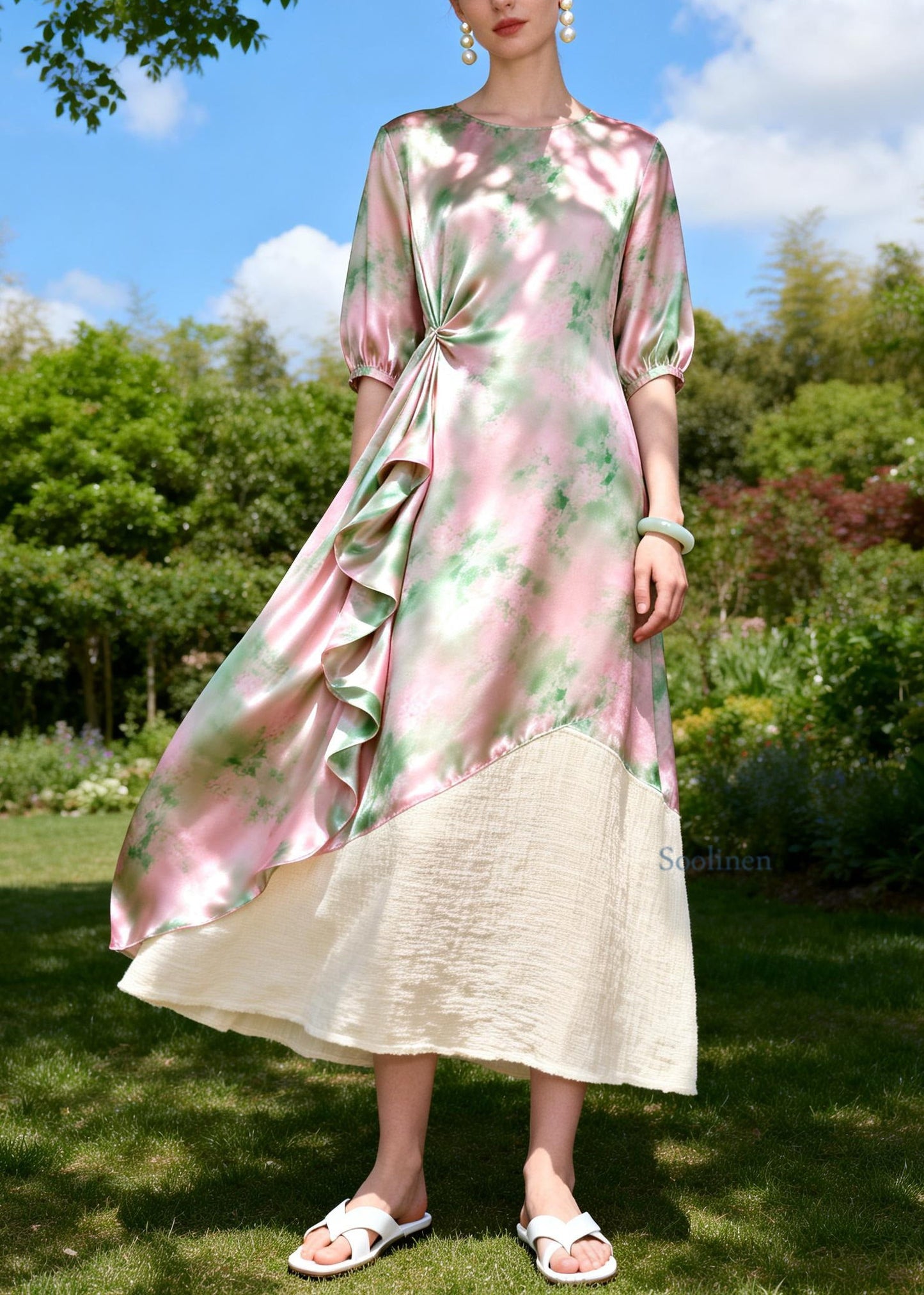 Chic O Neck Print Ruffled Patchwork Linen Silk Dresses Sleeveless