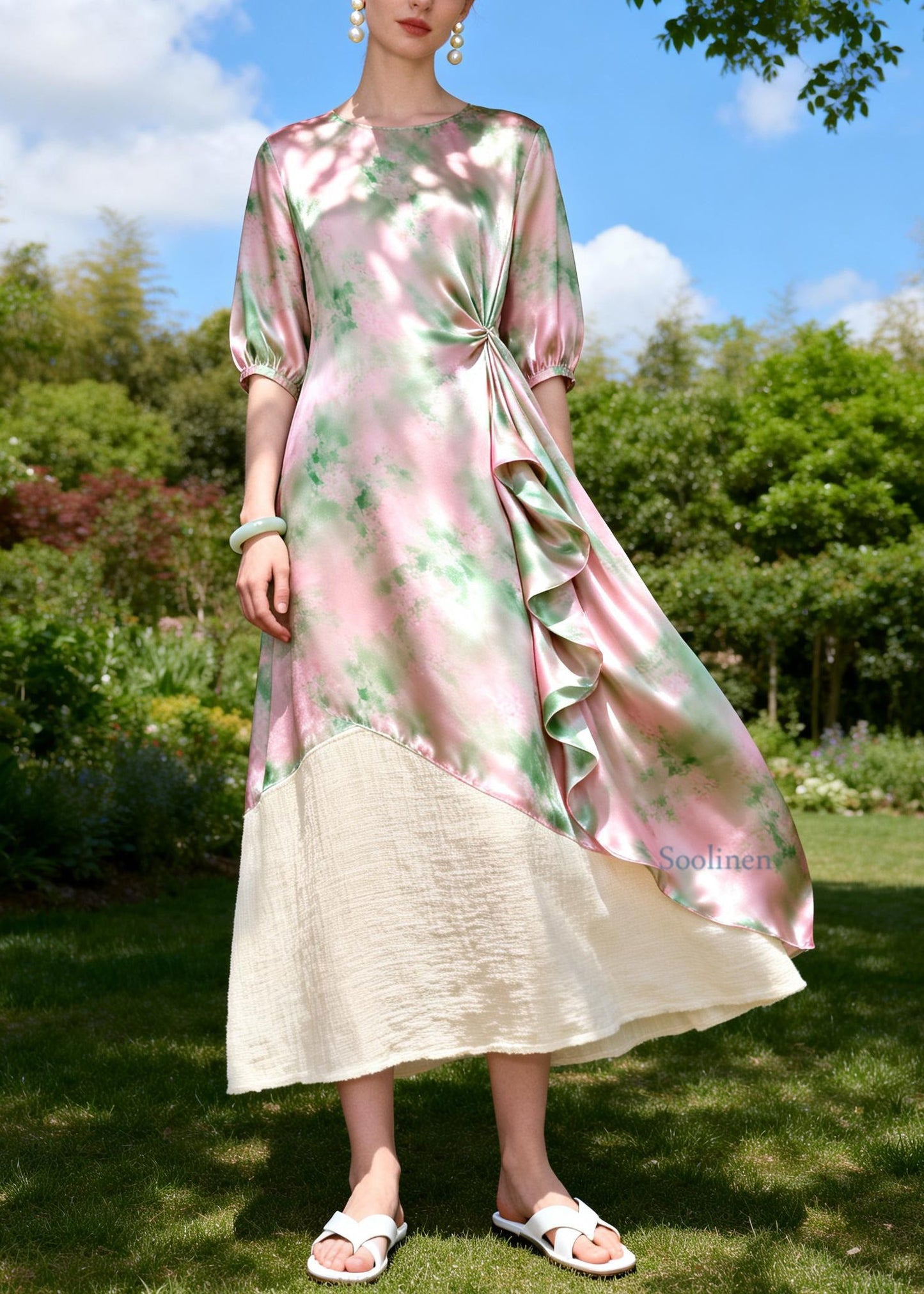 Chic O Neck Print Ruffled Patchwork Linen Silk Dresses Sleeveless
