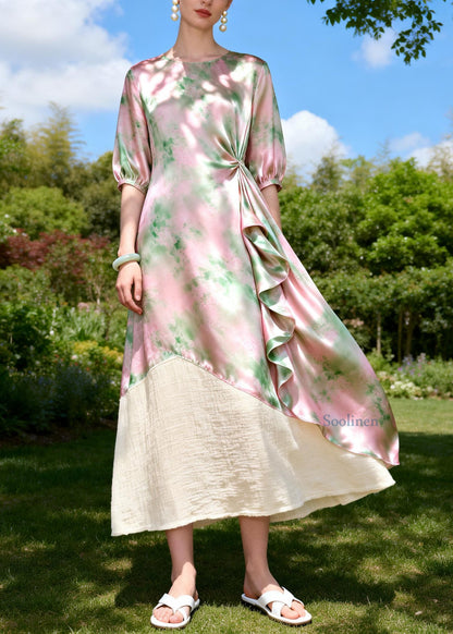 Chic O Neck Print Ruffled Patchwork Linen Silk Dresses Sleeveless