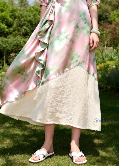 Chic O Neck Print Ruffled Patchwork Linen Silk Dresses Sleeveless