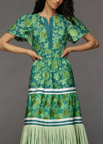 Chic O Neck Print Tassel Patchwork Cotton Dress Summer