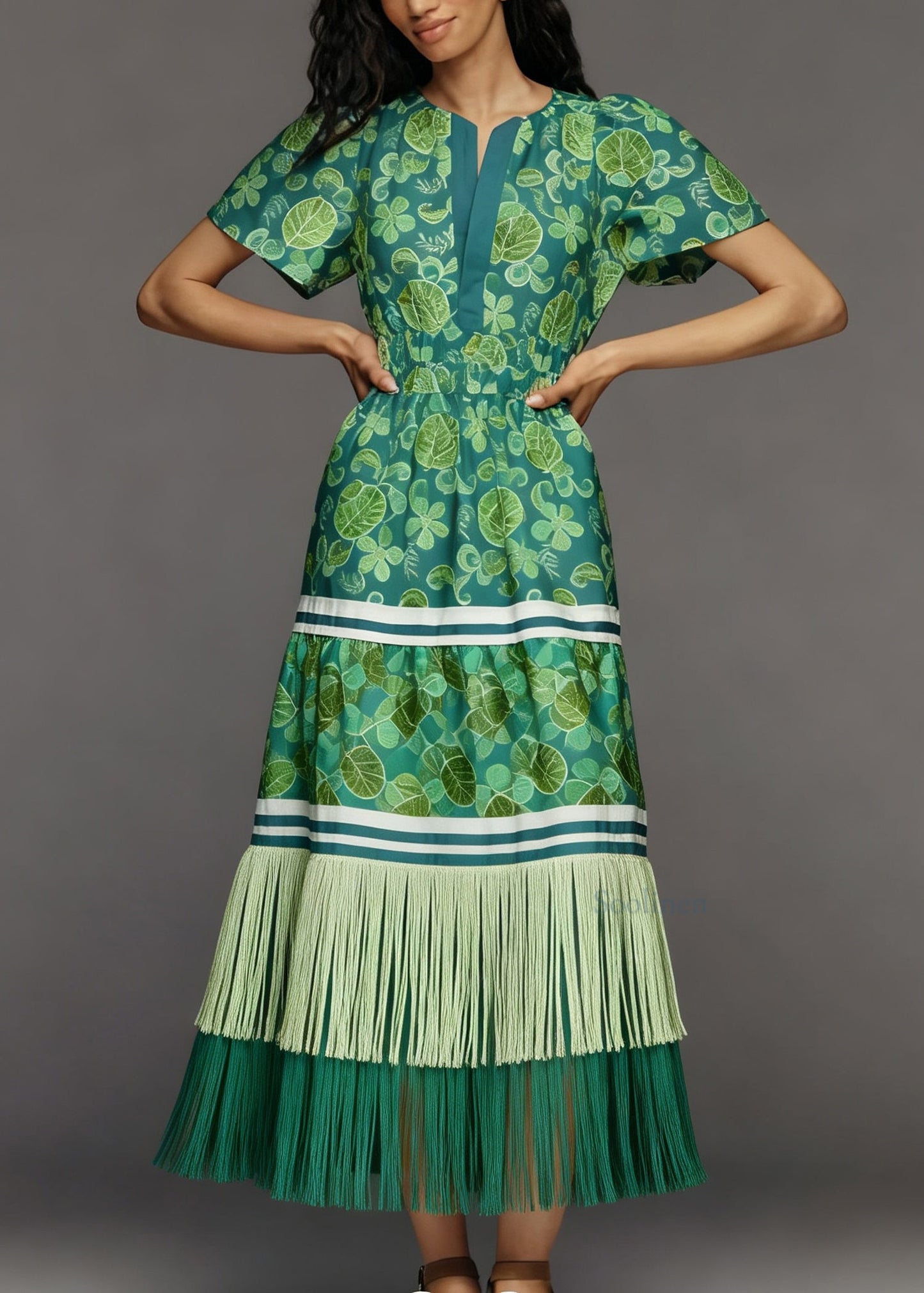 Chic O Neck Print Tassel Patchwork Cotton Dress Summer