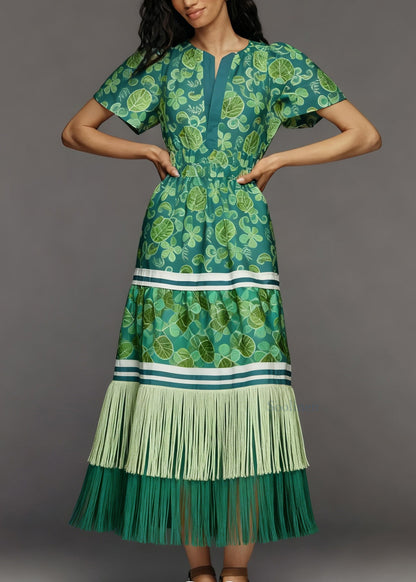 Chic O Neck Print Tassel Patchwork Cotton Dress Summer