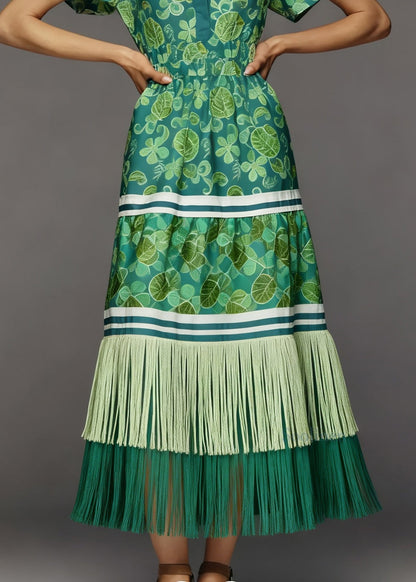 Chic O Neck Print Tassel Patchwork Cotton Dress Summer