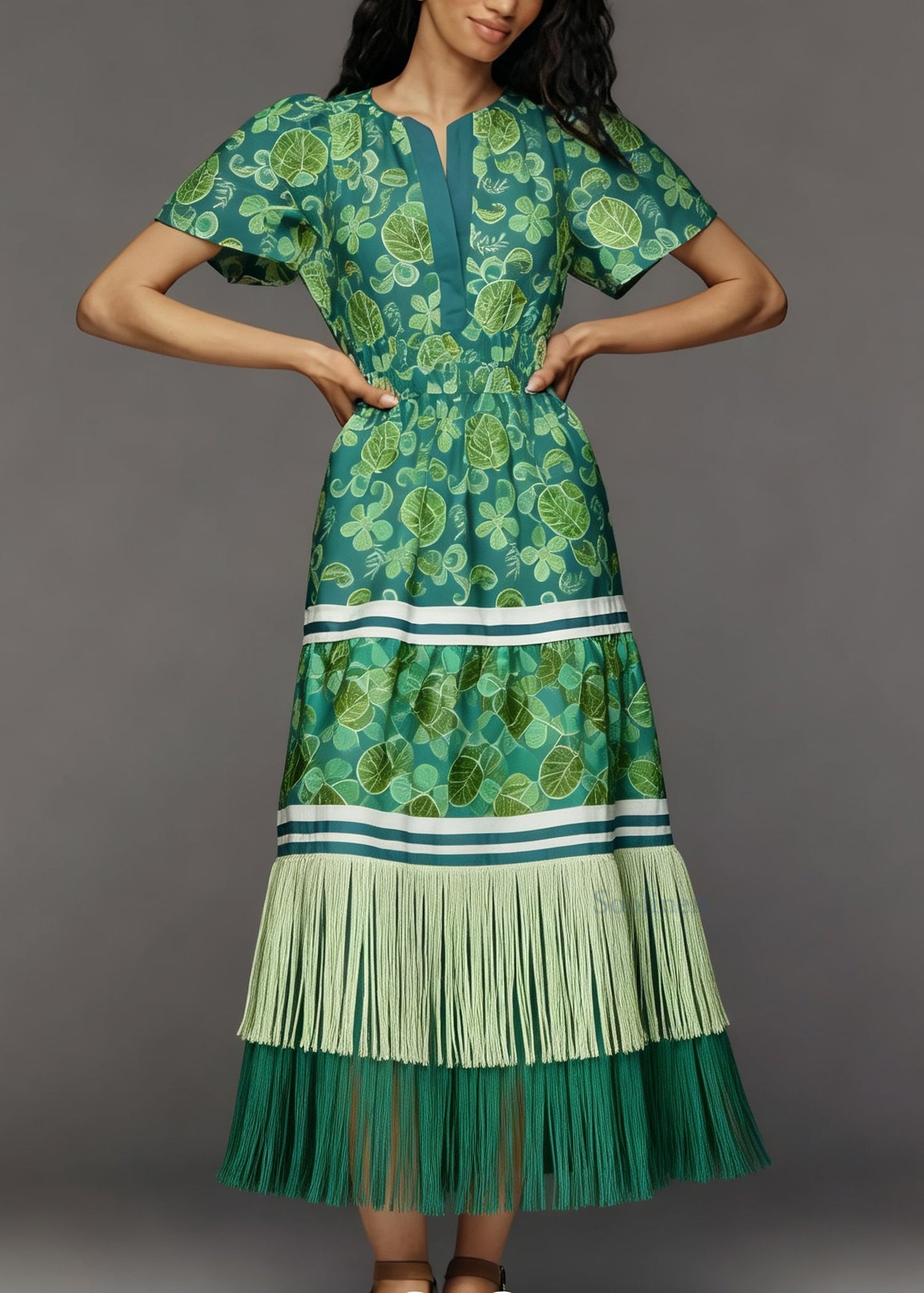 Chic O Neck Print Tassel Patchwork Cotton Dress Summer