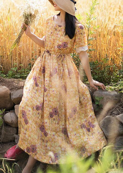 Chic O-Neck Summer Clothes Pattern Yellow Print Dress - SooLinen