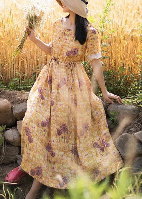 Chic O-Neck Summer Clothes Pattern Yellow Print Dress - SooLinen