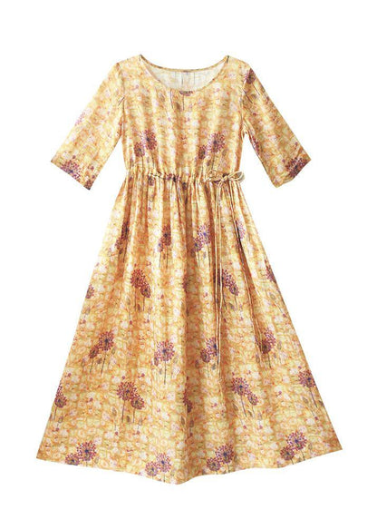 Chic O-Neck Summer Clothes Pattern Yellow Print Dress - SooLinen