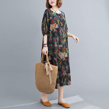 Chic O Neck Summer Dress Work Outfits Abstract Pattern Maxi Dresses - SooLinen