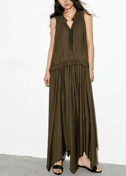 Chic Olive Green Asymmetrical V Neck Ruffled  Dresses Sleeveless