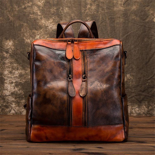 Chic Omychic Casual Travel chocolate Color Matching Leather Backpack - SooLinen