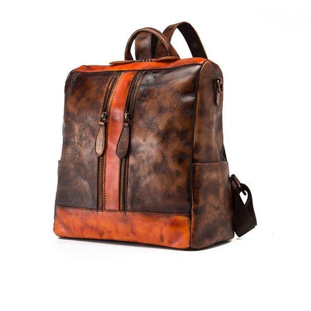 Chic Omychic Casual Travel chocolate Color Matching Leather Backpack - SooLinen