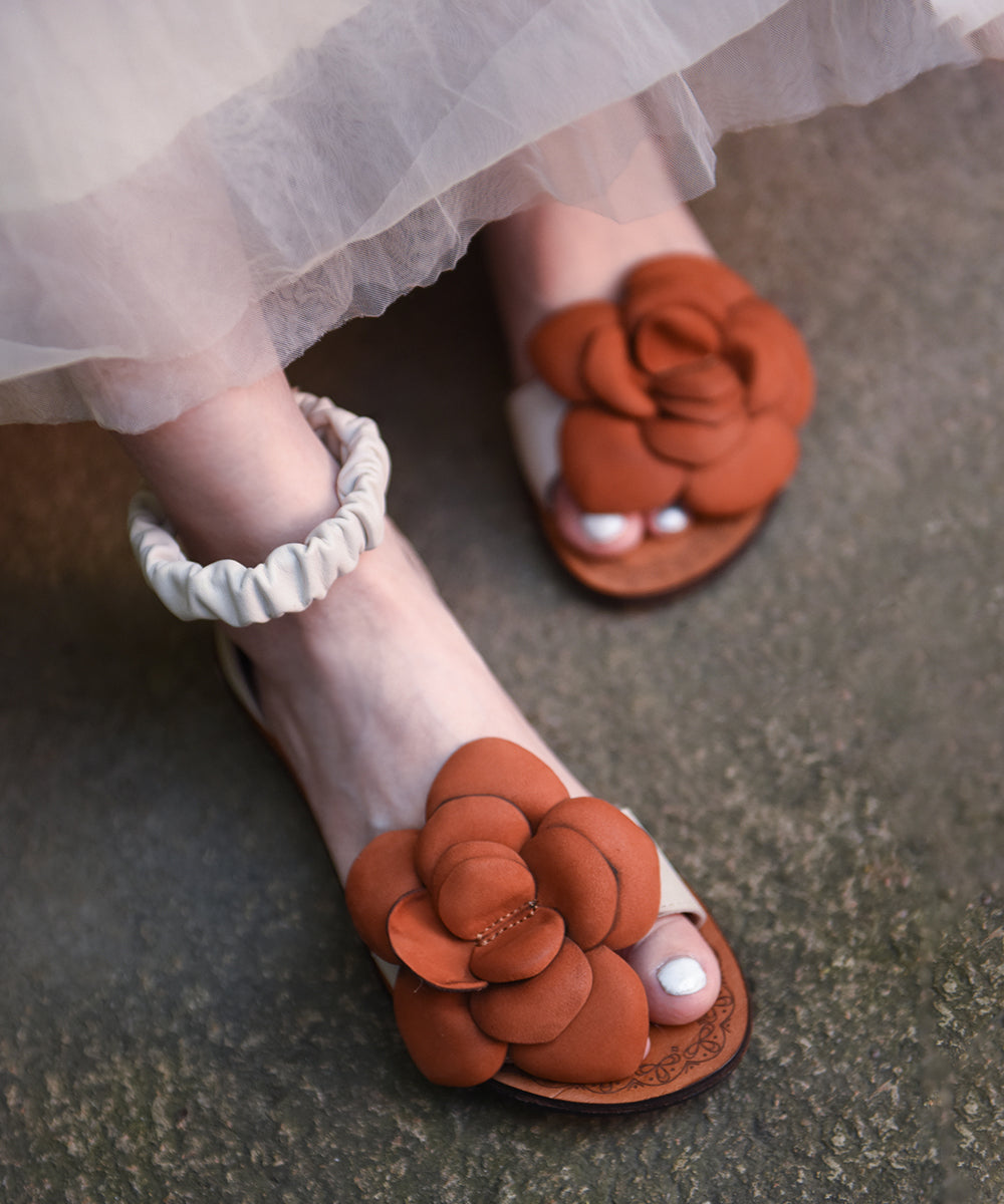 Chic Orange Cowhide Leather Flat Sandals Splicing Floral