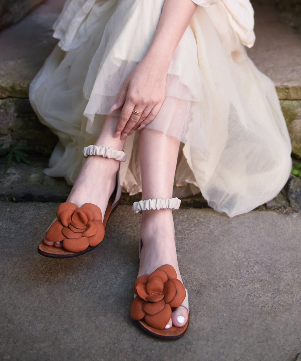 Chic Orange Cowhide Leather Flat Sandals Splicing Floral