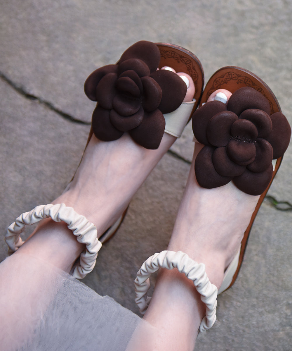 Chic Orange Cowhide Leather Flat Sandals Splicing Floral