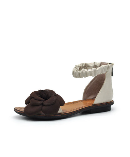 Chic Orange Cowhide Leather Flat Sandals Splicing Floral