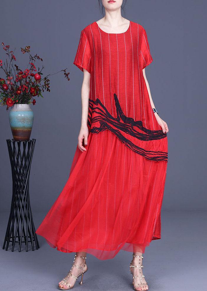 Chic Orange Embroidery Patchwork Summer Silk Dresses Short Sleeve - SooLinen