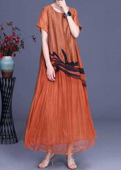 Chic Orange Embroidery Patchwork Summer Silk Dresses Short Sleeve - SooLinen