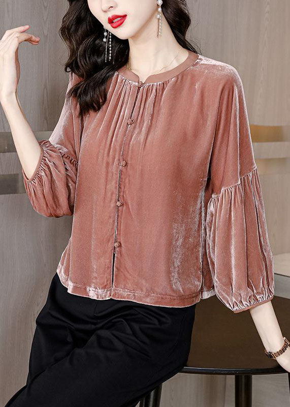 Chic Orange O-Ausschnitt Patchwork Seide Velour Shirts Armband Ärmel